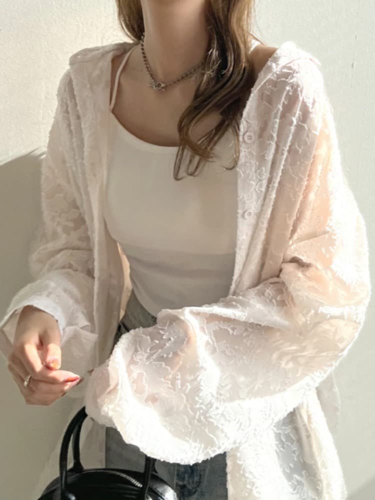 ブラウス 透かし花柄シアーブラウス