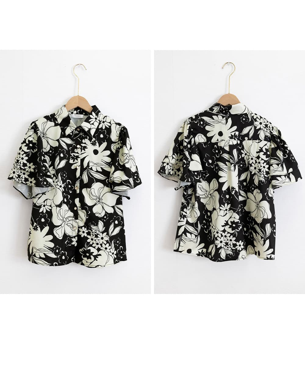 華やか二重フレア袖シャツ 総柄ブラウス