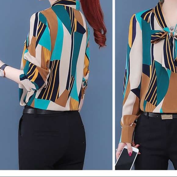 ブラウス 幾何学模様リボンつき長袖ブラウス