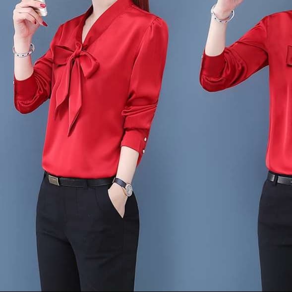 ブラウス 幾何学模様リボンつき長袖ブラウス