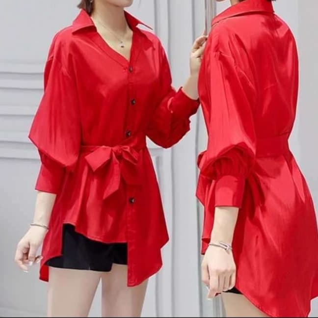 ブラウス ウエストリボン付きチュニックシャツ