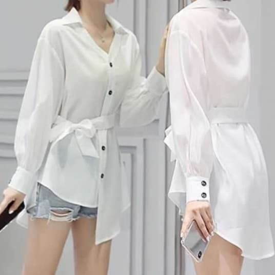 ブラウス ウエストリボン付きチュニックシャツ