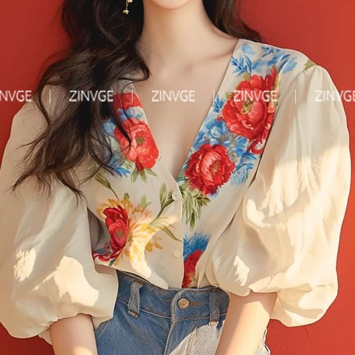 ブラウス 花柄刺繍パフスリーブブラウス