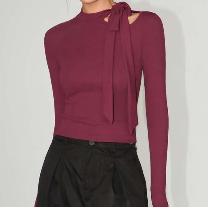 ブラウス リボン結び長袖ニットトップス