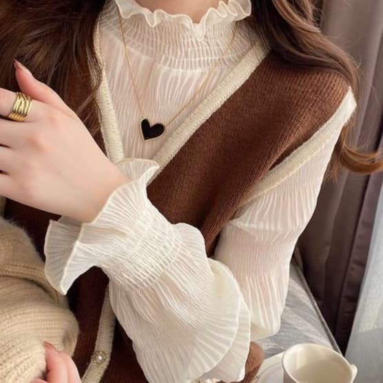 ブラウス 優雅な襟元フリル付きシフォンブラウス