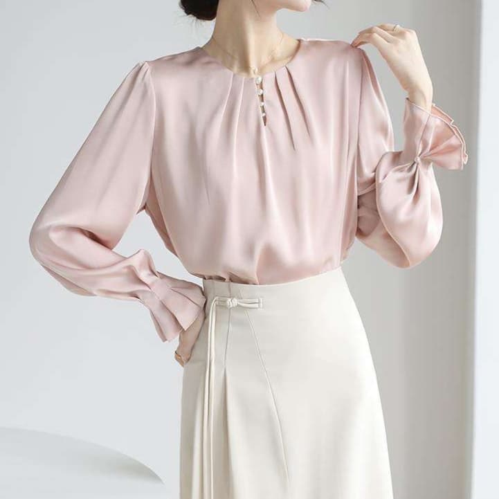 ブラウス 優雅なパフスリーブ リボン袖ブラウス