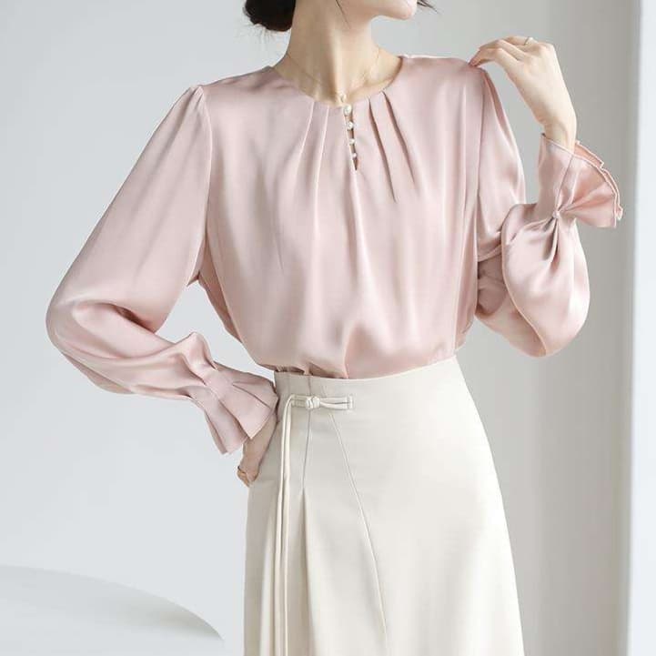 ブラウス 優雅なパフスリーブ リボン袖ブラウス
