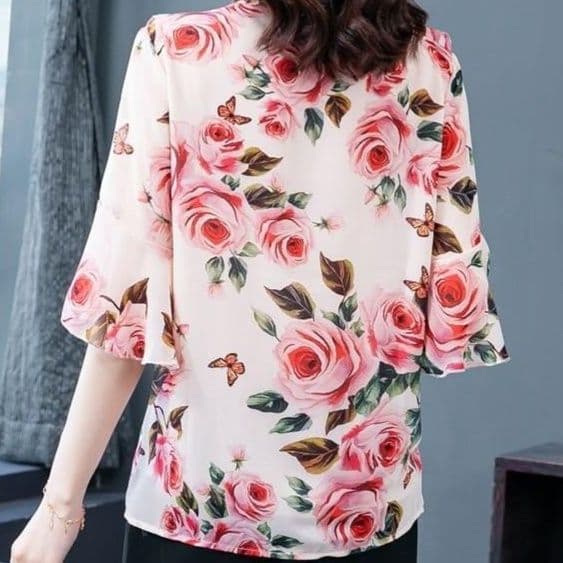 ブラウス 優美な花柄リボンタイブラウス