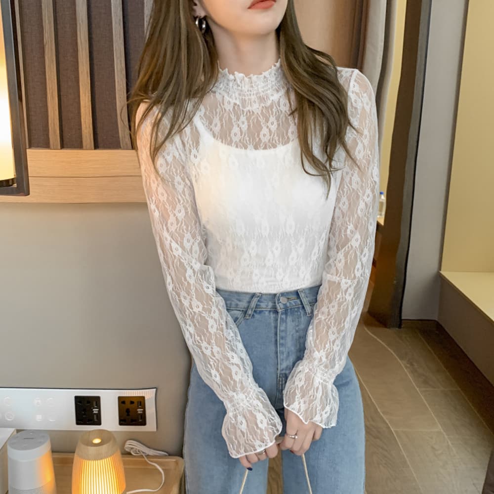 花柄レース パフスリーブ フリルブラウス