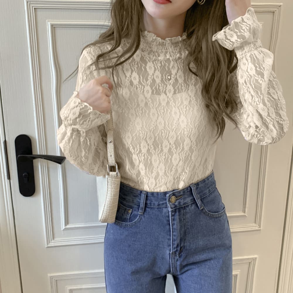 花柄レース パフスリーブ フリルブラウス