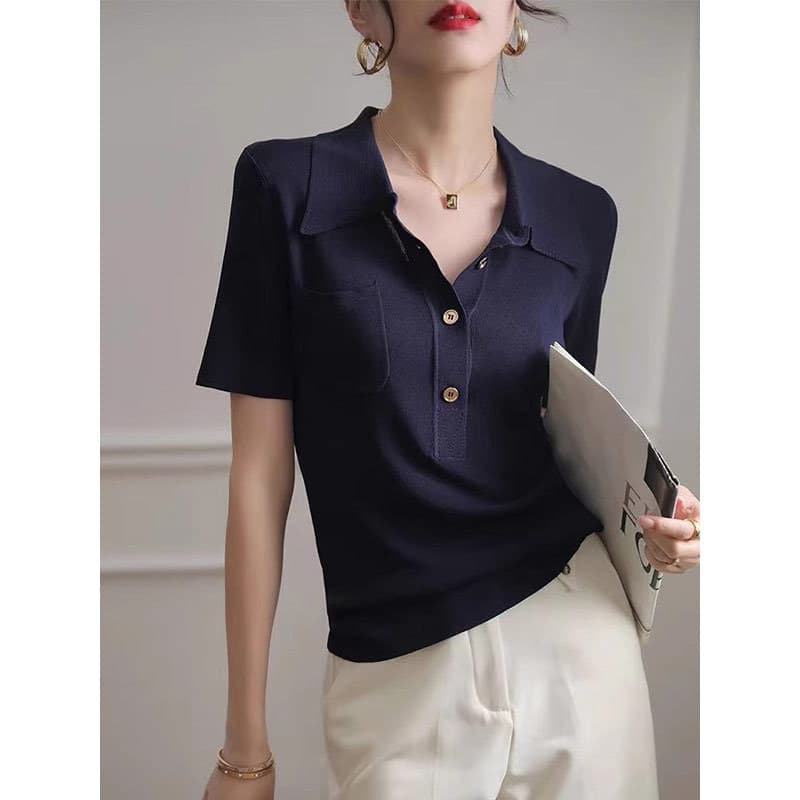 ブラウス 上質ニット ポロカラー ブラウス