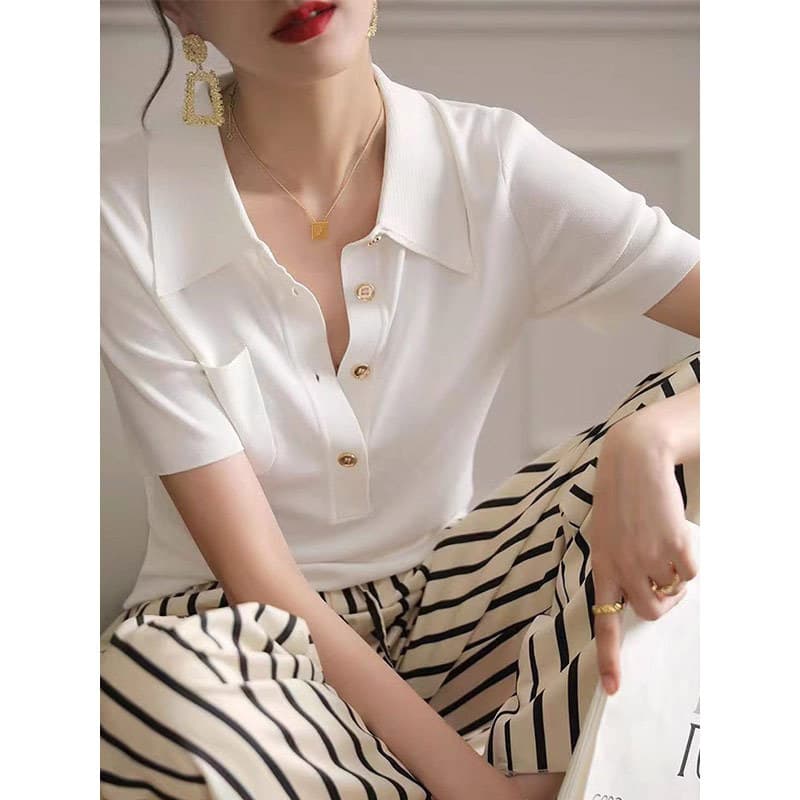 ブラウス 上質ニット ポロカラー ブラウス