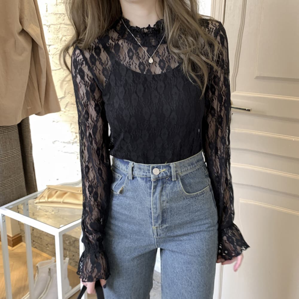 花柄レース パフスリーブ フリルブラウス