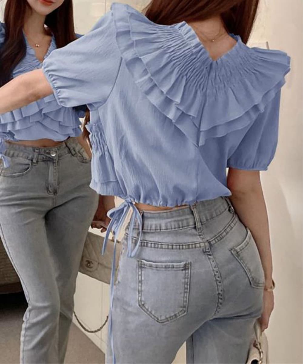 華やかフリル パフスリーブ シャーリングブラウス 半袖