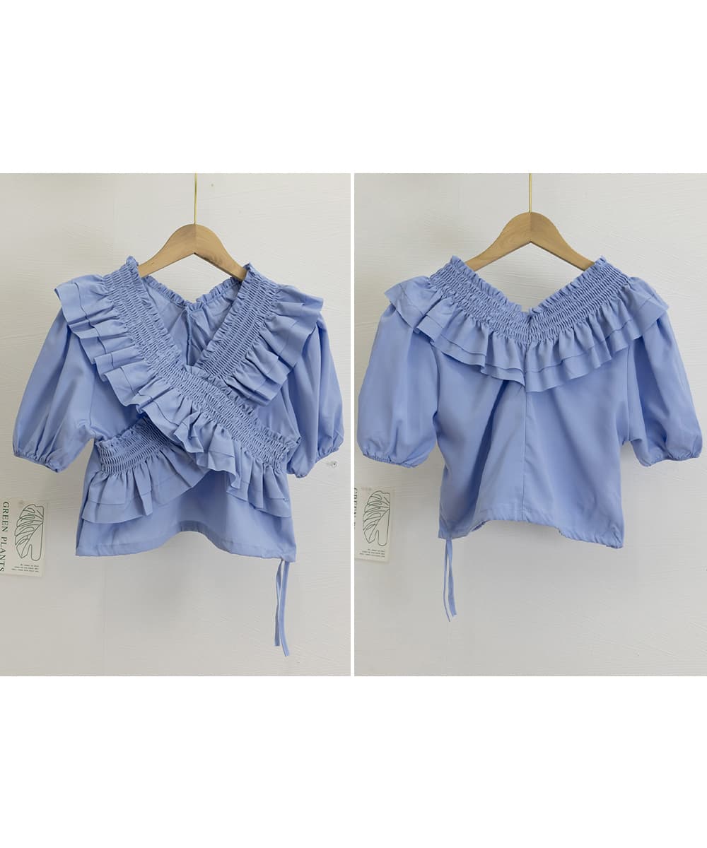 華やかフリル パフスリーブ シャーリングブラウス 半袖