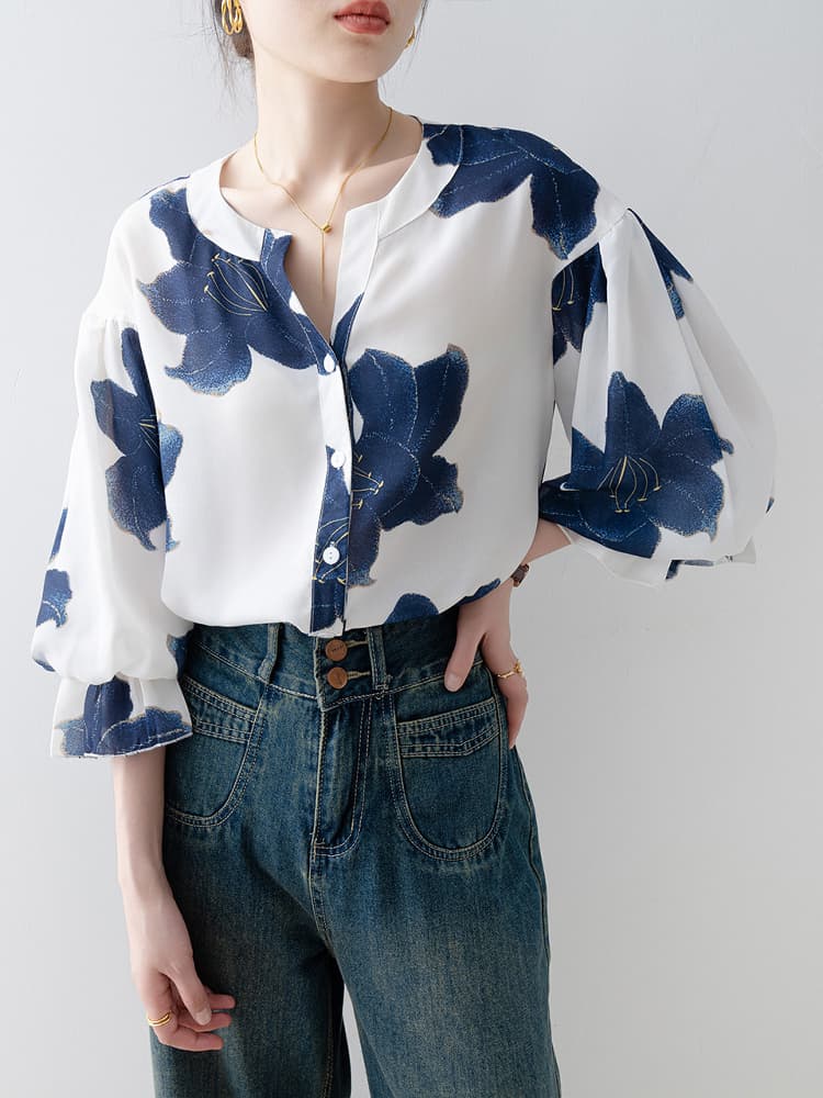 ブラウス 花柄ボリューム袖スキッパーブラウス