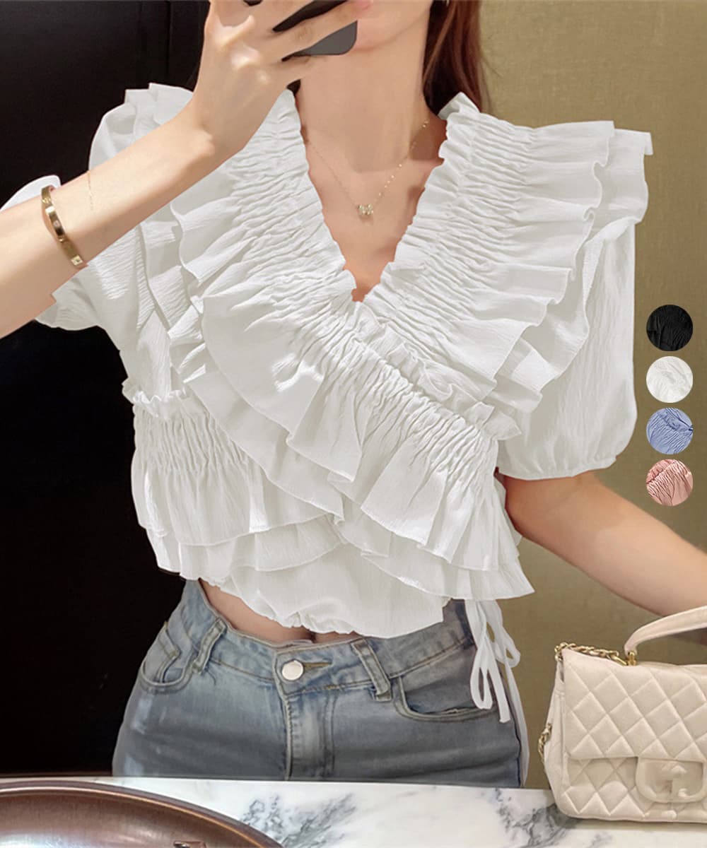 華やかフリル パフスリーブ シャーリングブラウス 半袖