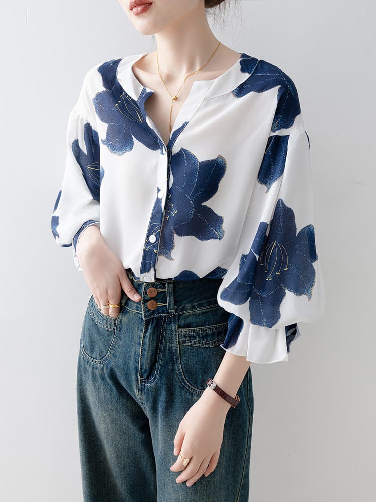 ブラウス 花柄ボリューム袖スキッパーブラウス