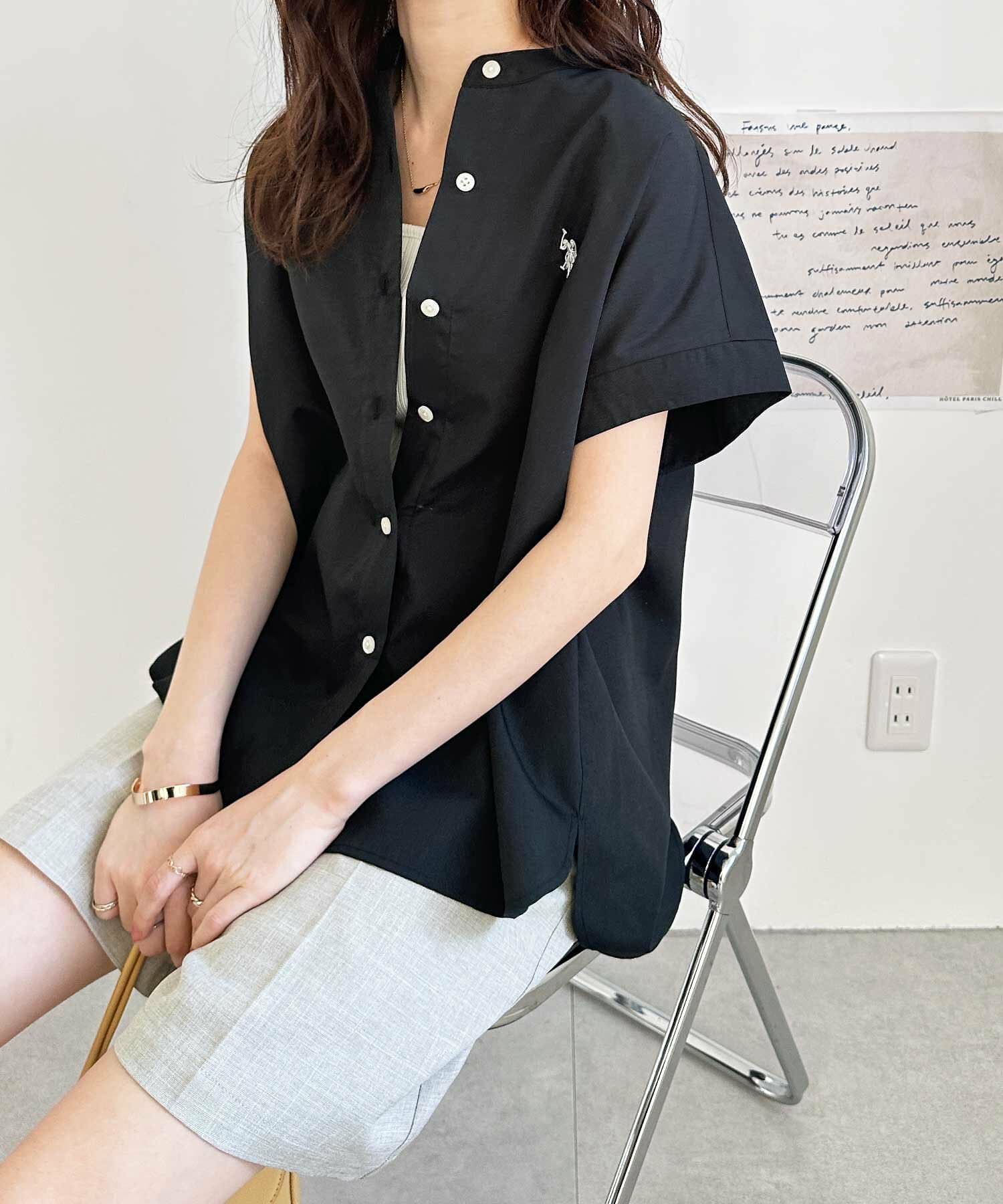 ブラウス スタンドカラー刺繍入り半袖ブラウス