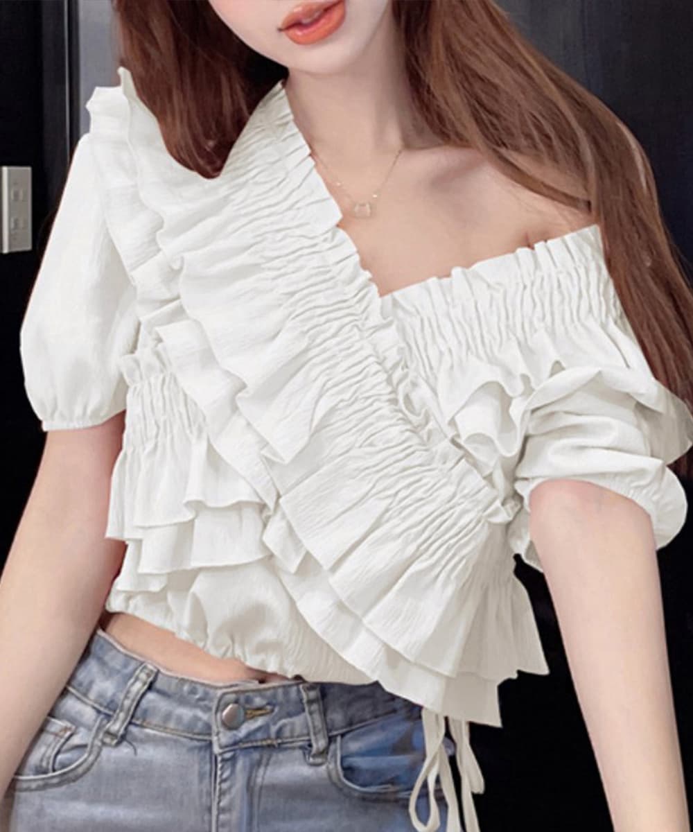 華やかフリル パフスリーブ シャーリングブラウス 半袖