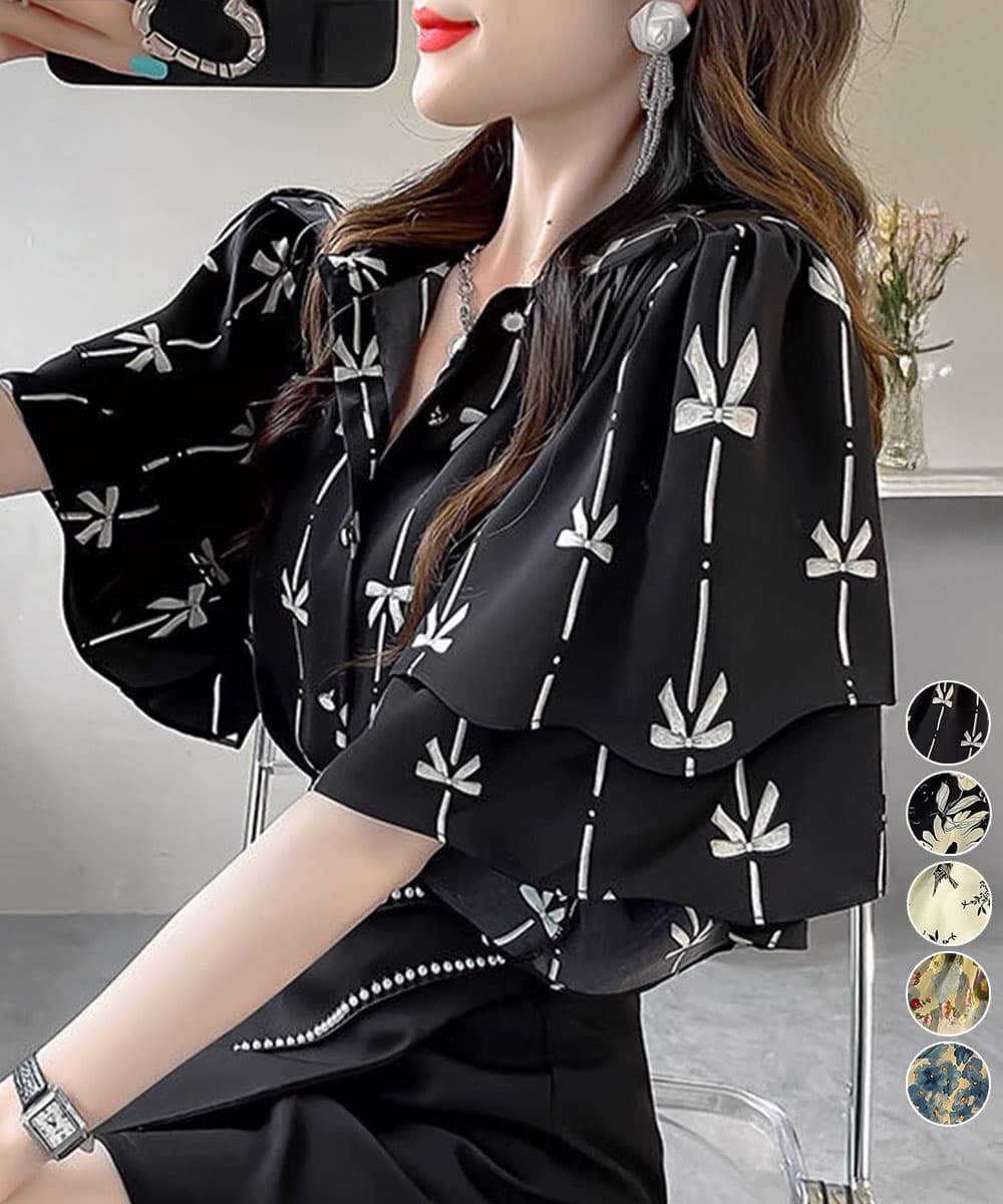 華やか二重フレア袖シャツ 総柄ブラウス