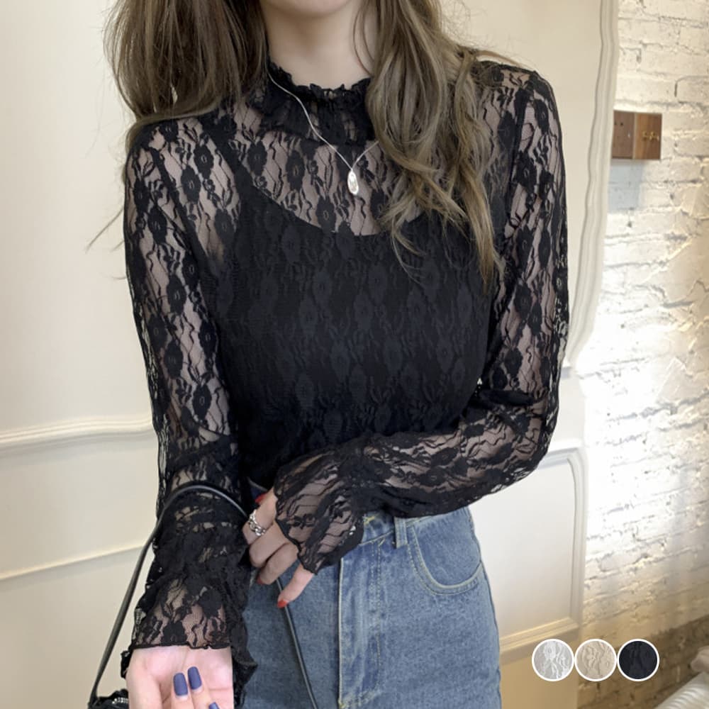 花柄レース パフスリーブ フリルブラウス