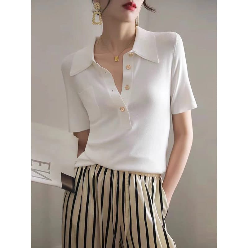 ブラウス 上質ニット ポロカラー ブラウス