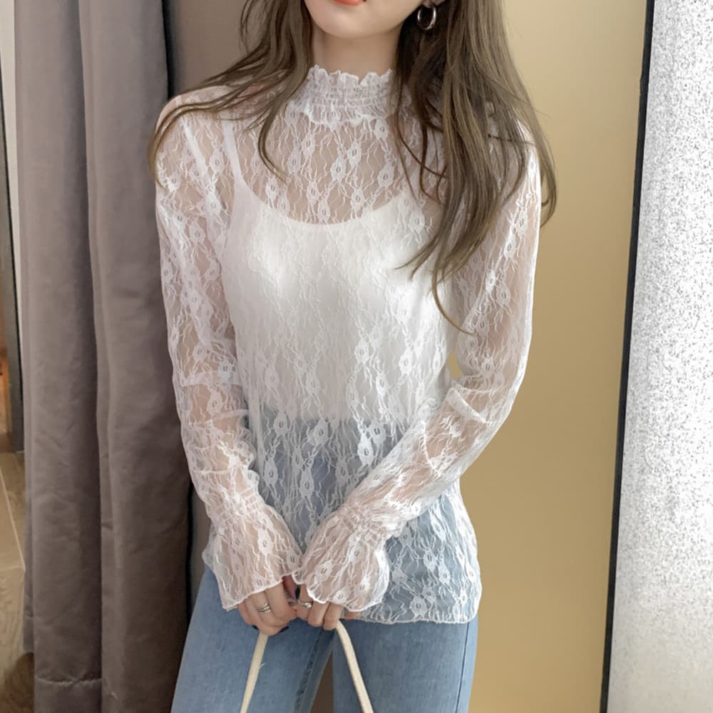 花柄レース パフスリーブ フリルブラウス