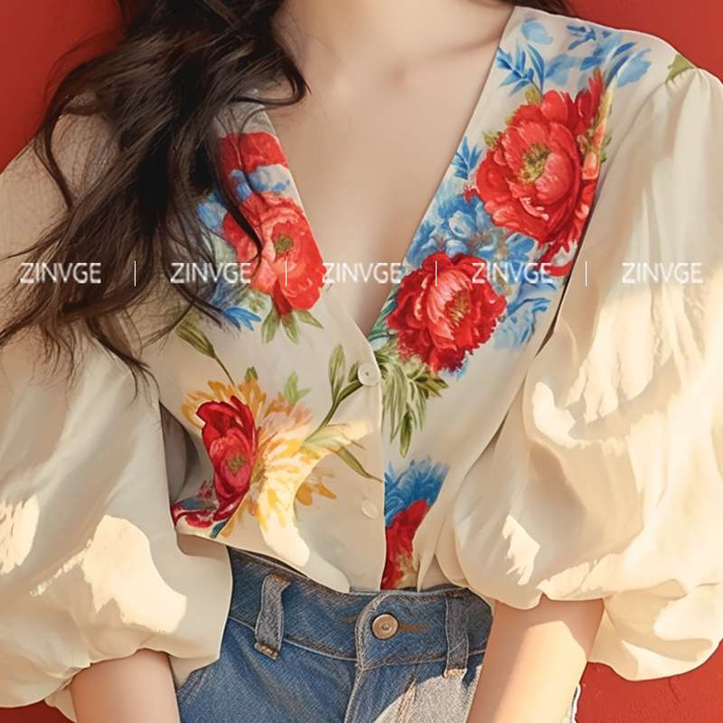 ブラウス 花柄刺繍パフスリーブブラウス