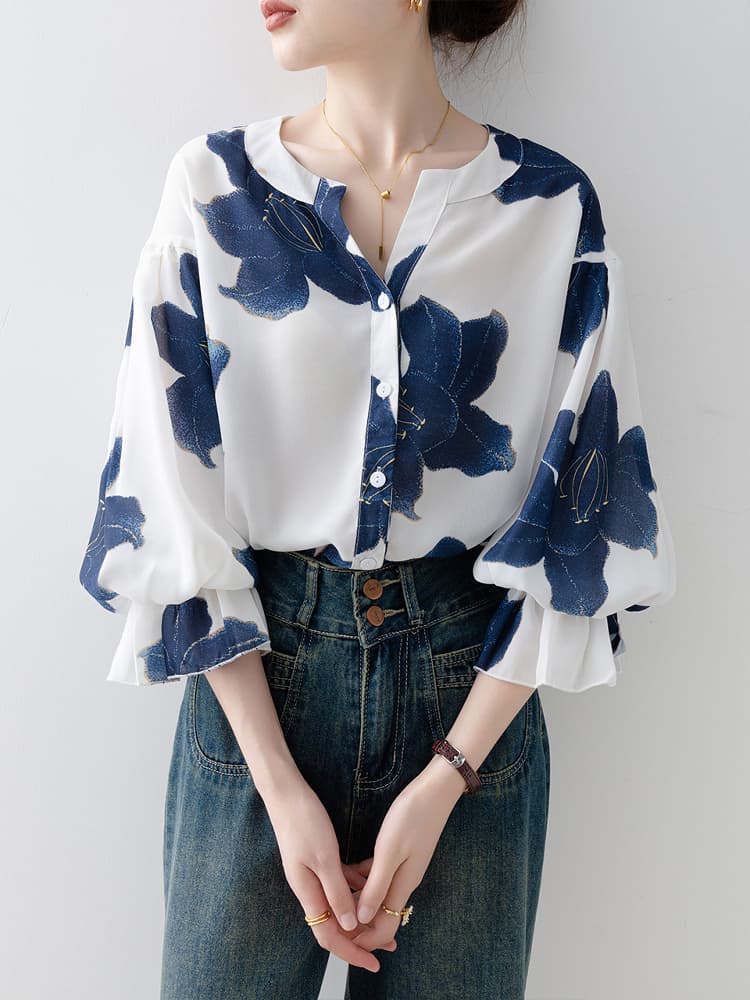 ブラウス 花柄ボリューム袖スキッパーブラウス