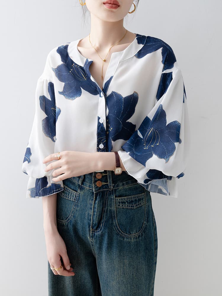 ブラウス 花柄ボリューム袖スキッパーブラウス