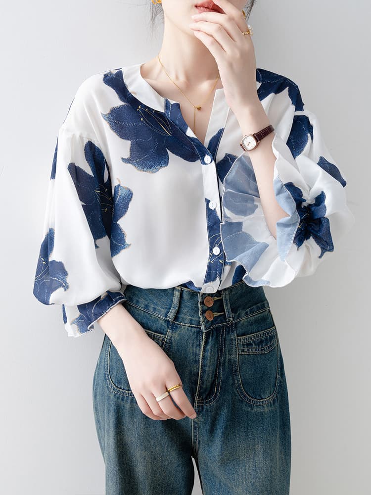 ブラウス 花柄ボリューム袖スキッパーブラウス