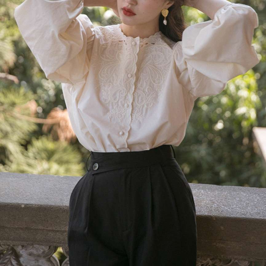 ブラウス レトロ風レースパフスリーブブラウス