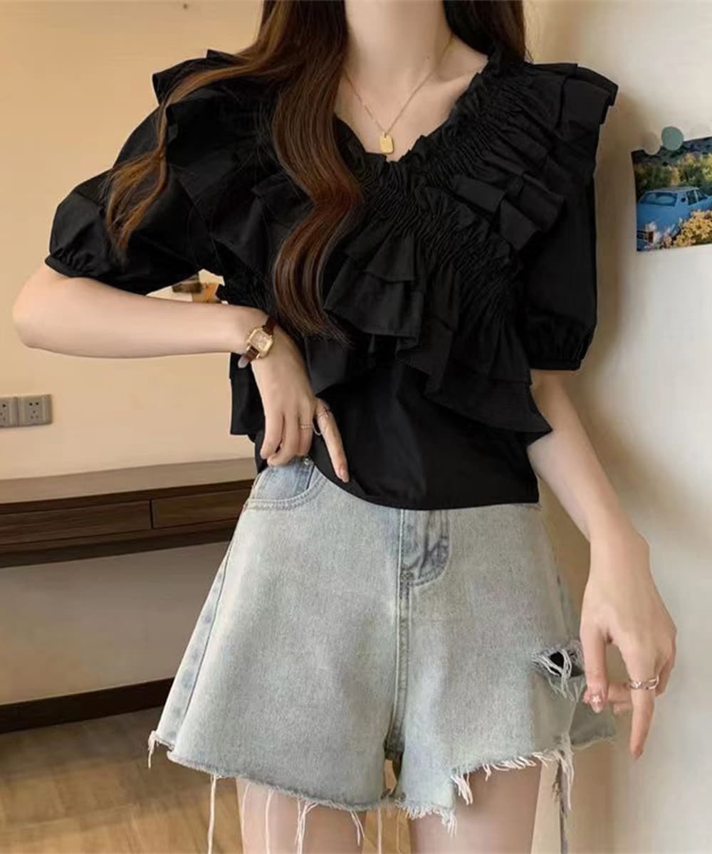 華やかフリル パフスリーブ シャーリングブラウス 半袖