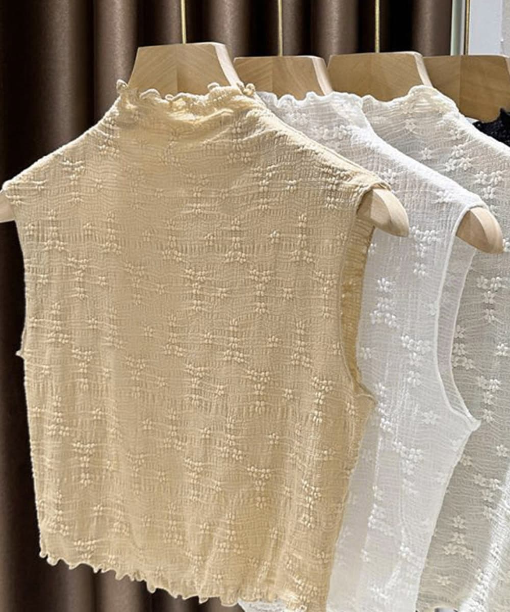 ブラウス フリルネック総レースパフスリーブトップス