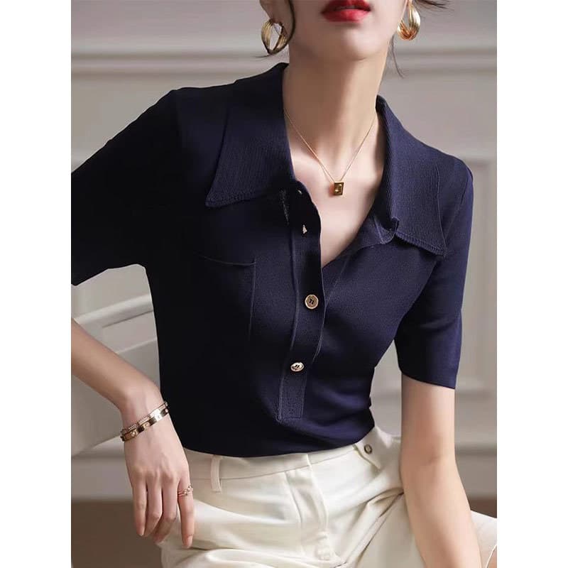 ブラウス 上質ニット ポロカラー ブラウス