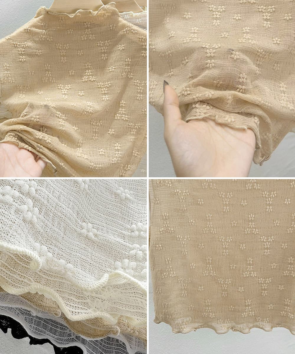 ブラウス フリルネック総レースパフスリーブトップス